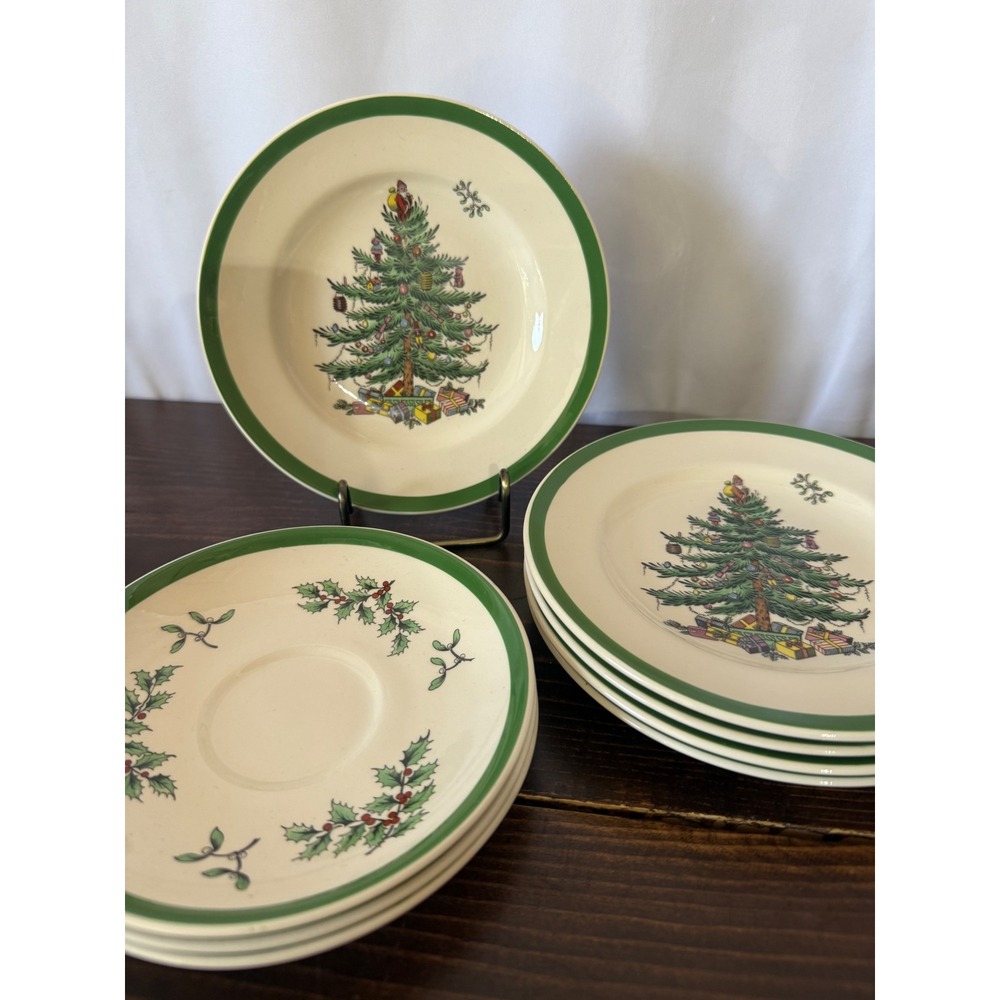 VTG Spode England Christmas Tree Salad Plates and Saucers Set of 8 S3324-G